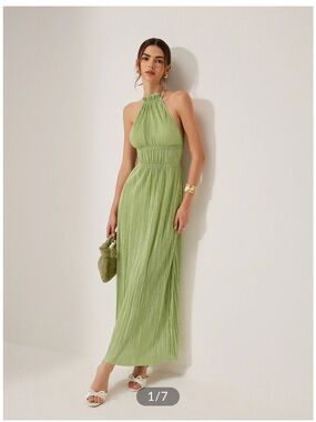 Commense Pleated Halter Backless Dress in Green